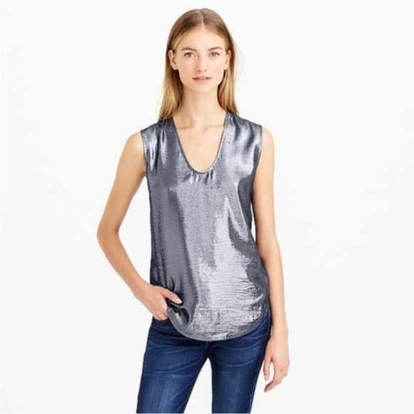 J.Crew Metallic Front Silk Blend Curved Hem Scoop Neck Blue Sleeveless Top Small - Picture 2 of 14